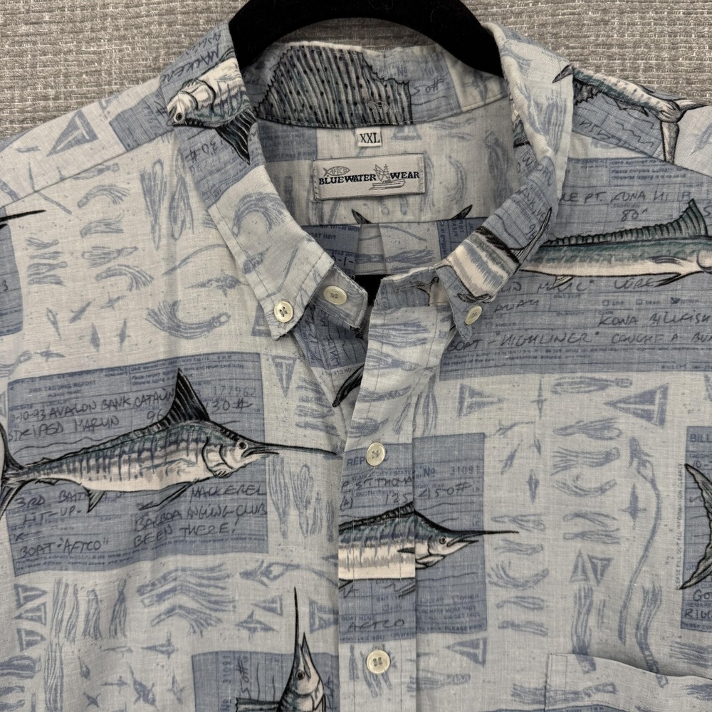 Bluewater Wear Shirt Mens 2XL Blue Graphic‎ Cotton Button Up Short Sleeve